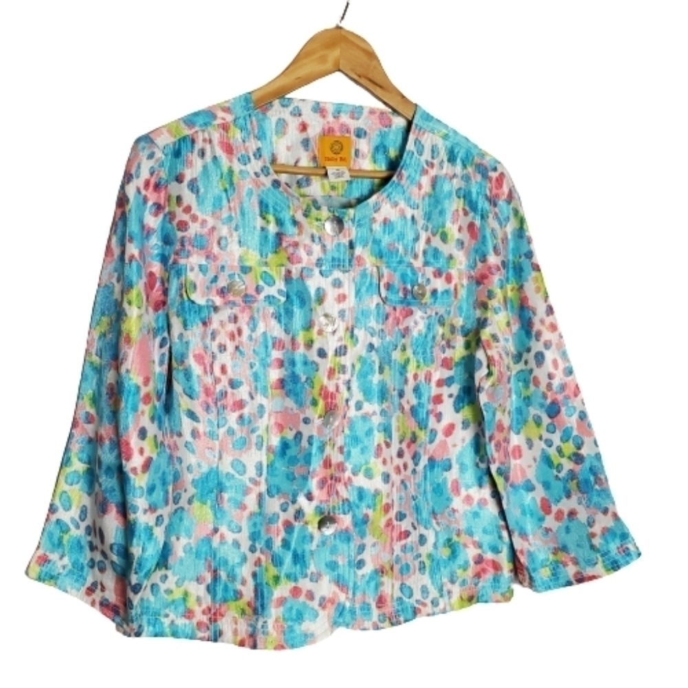 Ruby Rd. Pastel Polk-Dot Blue Pink Button Down Shiny Blouse Size 10